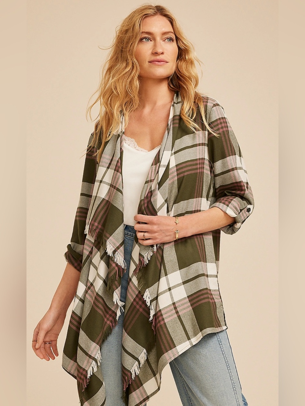 Maurice’s fall olive plaid waterfall cardigan size large